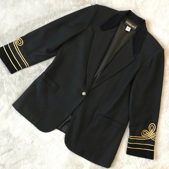 Vintage Jackets & Blazers - Vintage CASABLANCA Wool Gold Black Embroidered Printed Classic Women’s  Blazer